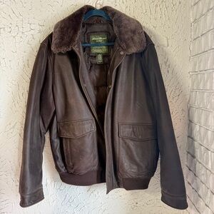Vintage Eddie Bauer Lambskin Leather Goose Down Bomber Jacket with Plush Collar